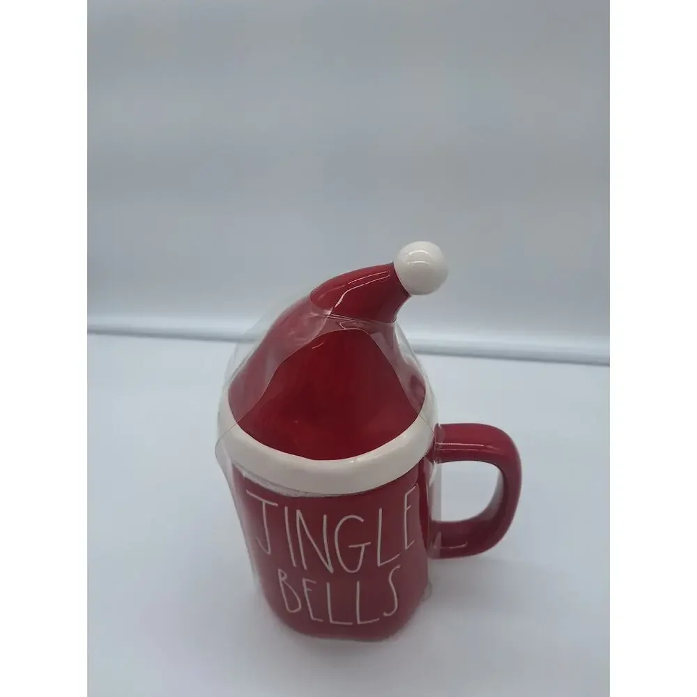 Brand New Rae Dunn Red Jingle Bells Christmas Mug with Santa Topper.